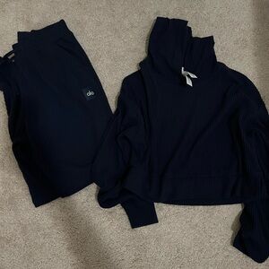 Alo Yoga Navy Ribbed Hoodie and Joggers Set